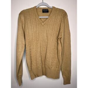 1960s Traditionalist Tan Brown Cable Knit Grandpa Old Money V Neck Sweater L
